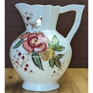 Retro Floral Pitcher Vase with Handle Cream Red Gold Botanical Housewarming Gift